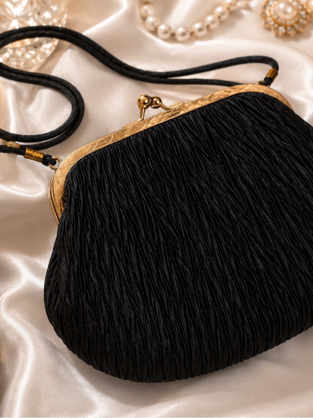 ✨ Vintage Black Evening Pouch Purse – 16×23 cm, Woven Strap, 1970s–80s